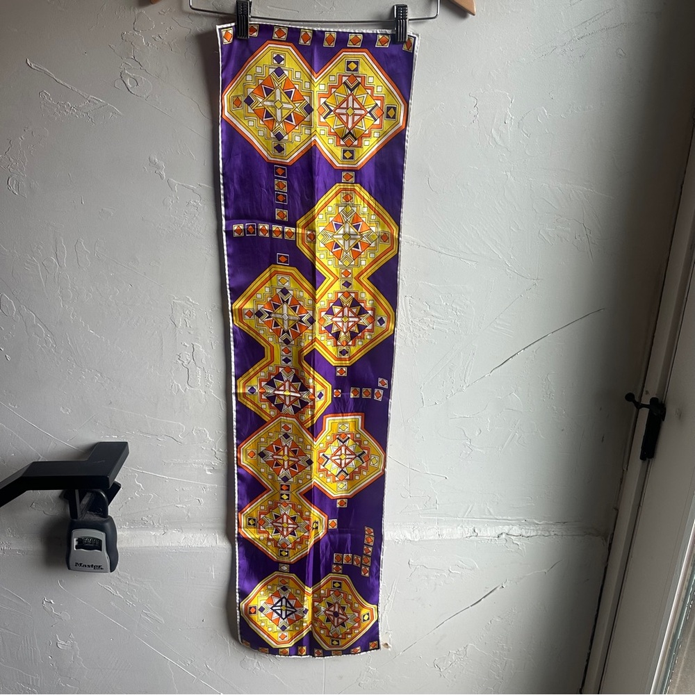 Vintage Made In Japan Purple Gold Geometric Skinny Scarf Retro 70s Psychedelic